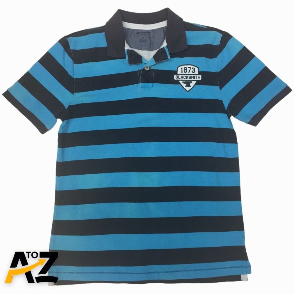 Men Arizona Jean Blue Striped Cotton Short Sleeve Size Polo Top M Medium